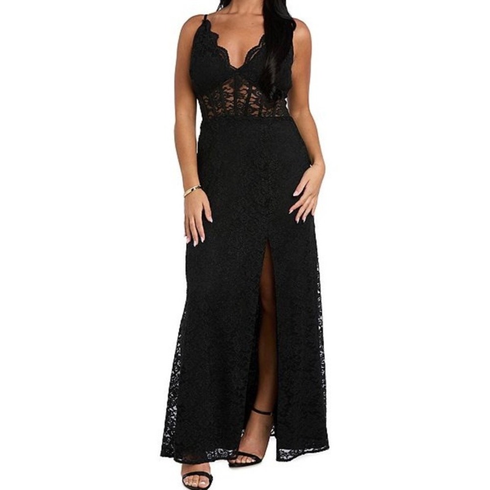 Morgan & Co Black Glitter Lace Corset Gown Maxi Dress Size 3 Slit Formal